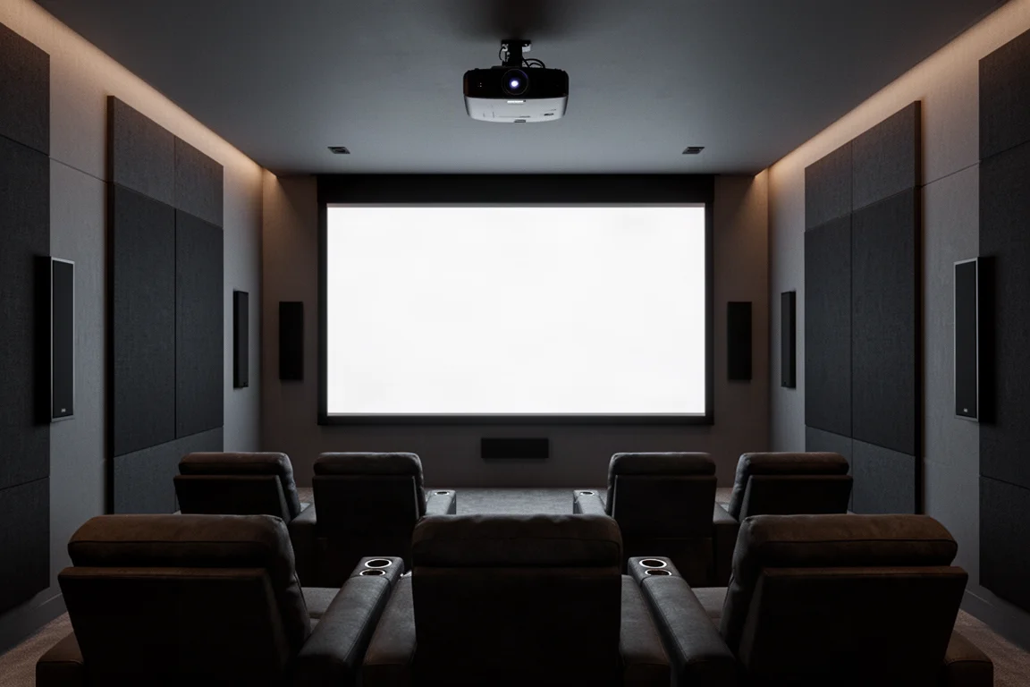 Compact home theater with a large glowing projection screen, in-wall speakers, and recliner seating