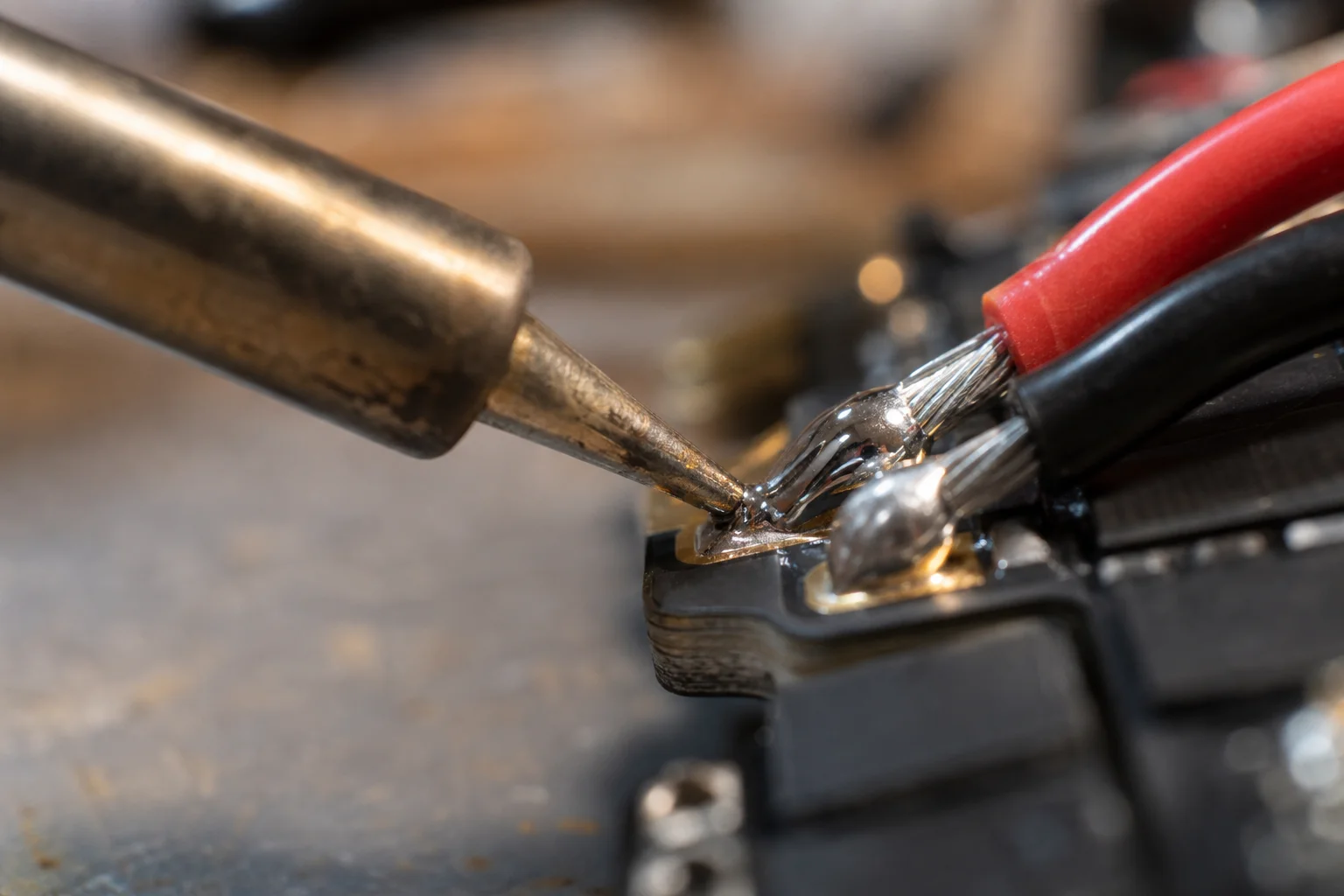 Lötkolbenspitze beim Verbinden von Motorkabeln mit ESC-Pads
