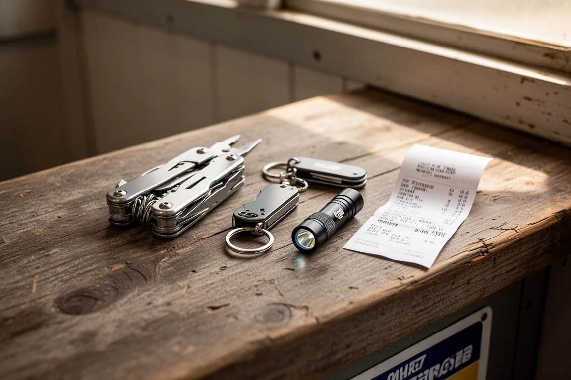 Travel stop counter with everyday carry gear laid out on a wooden surface