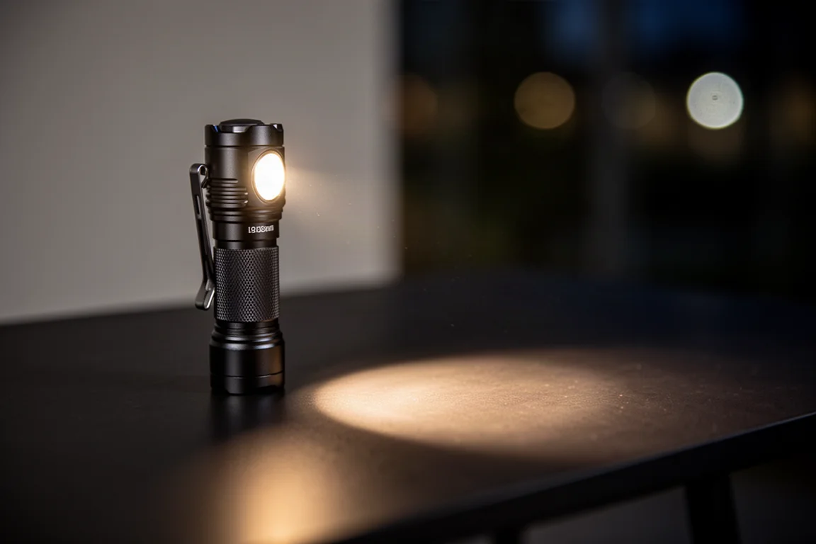 Small folding flashlight casting a beam across a dark tabletop at night