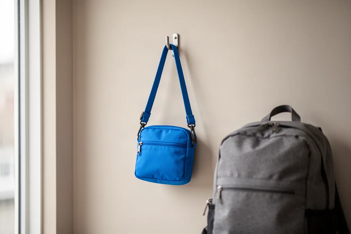 Blue cross body bag hanging from a hook with a backpack beside it