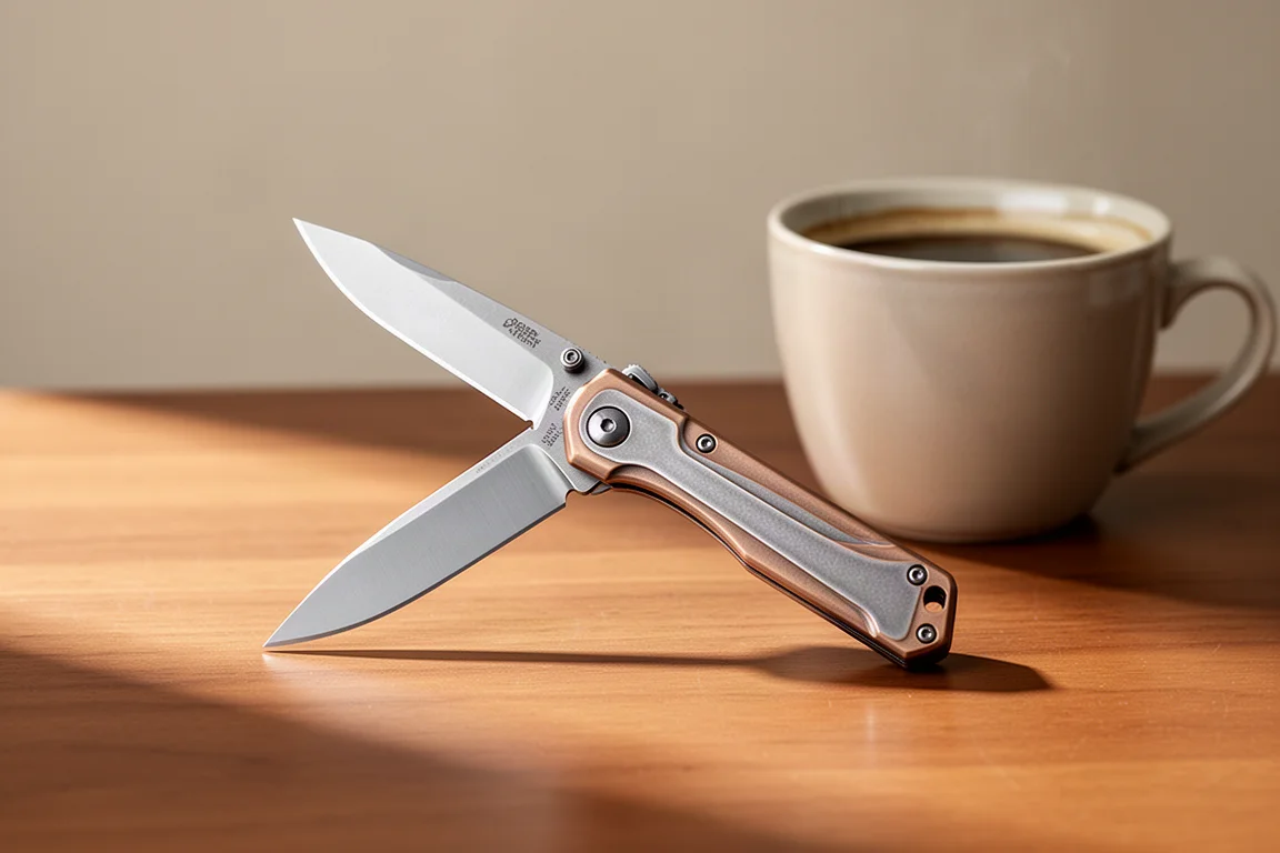 Folding knife with bronze accents resting on a wooden desk in warm light