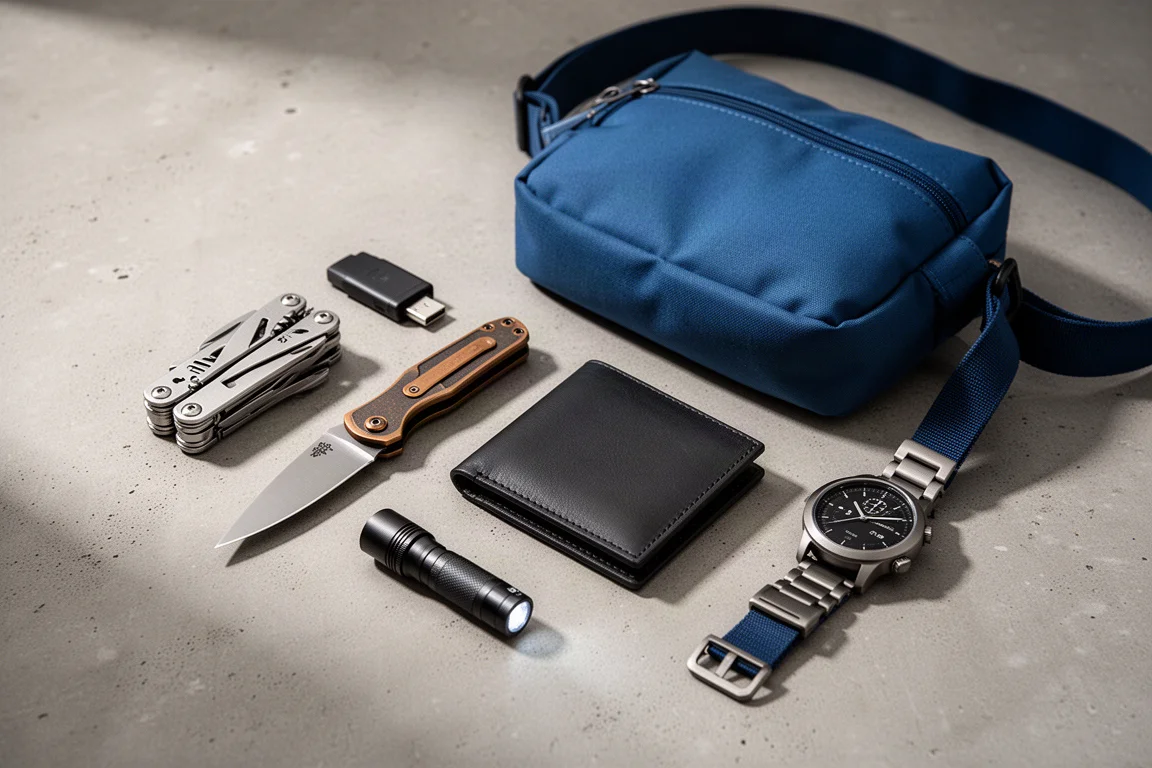 Sprzęt everyday carry, w tym multitool, nóż, latarka, portfel, torba i zegarek na betonie