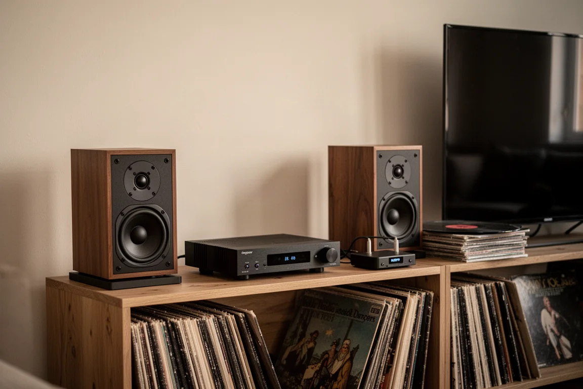 Montaje estéreo modesto en el salón con dos altavoces compactos, un amplificador y un pequeño DAC sobre una estantería de madera