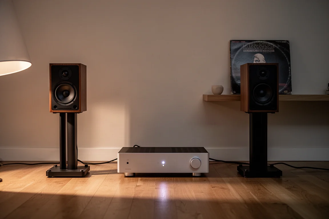 Sala de escucha nocturna con altavoces compactos sobre soportes y luz de lámpara sobre un suelo de madera