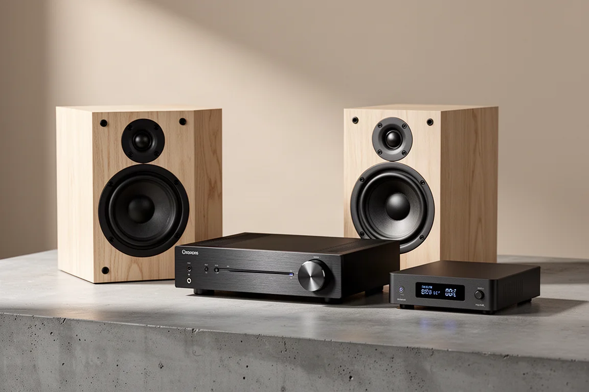 Three-piece stereo system with bookshelf speakers, integrated amplifier and compact DAC on concrete
