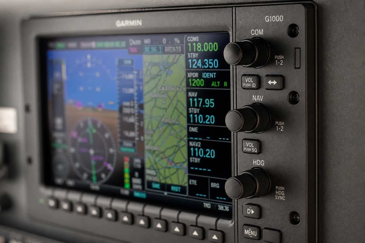 Primer plano del panel de aviónica G1000 con controles táctiles e indicadores LED