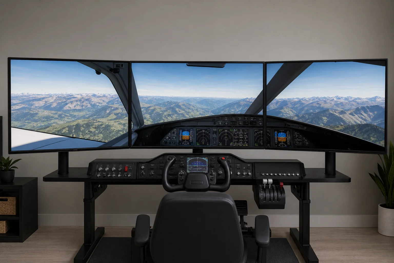 Configuración de triple monitor OLED con acabado mate mostrando el paisaje del simulador de vuelo