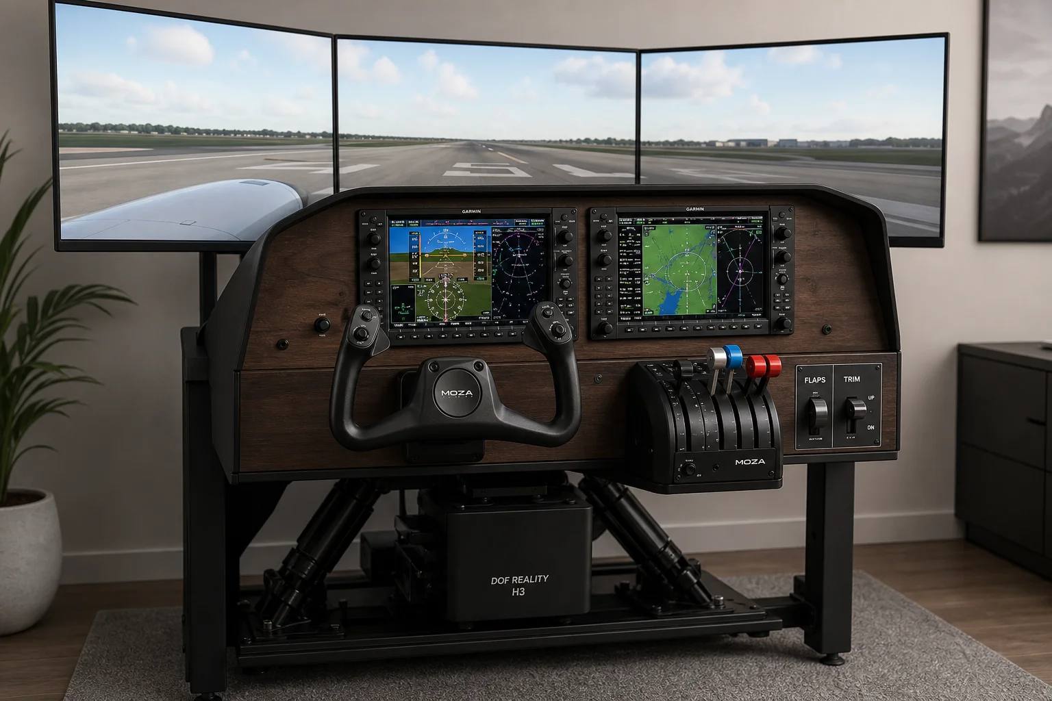 Cockpit de simulateur de vol professionnel avec manche, avionique, manettes des gaz et trois écrans