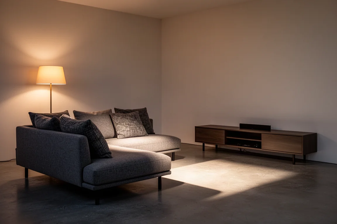 Sala de estar ao anoitecer preparada para assistir filmes, com sofá, rack e luz quente de abajur