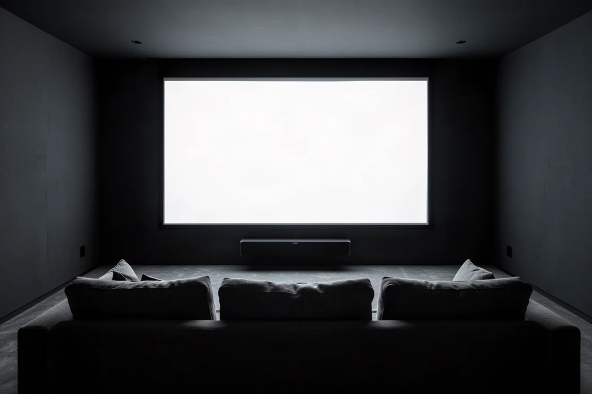 Sala de home theater na penumbra com brilho suave da tela sobre um sofá e caixa central