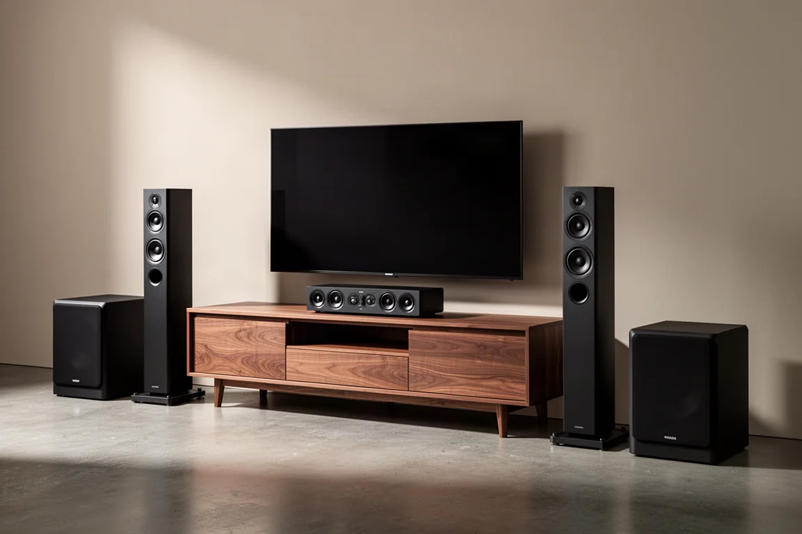 Home theater system with tower speakers, center channel, subwoofers, and media console