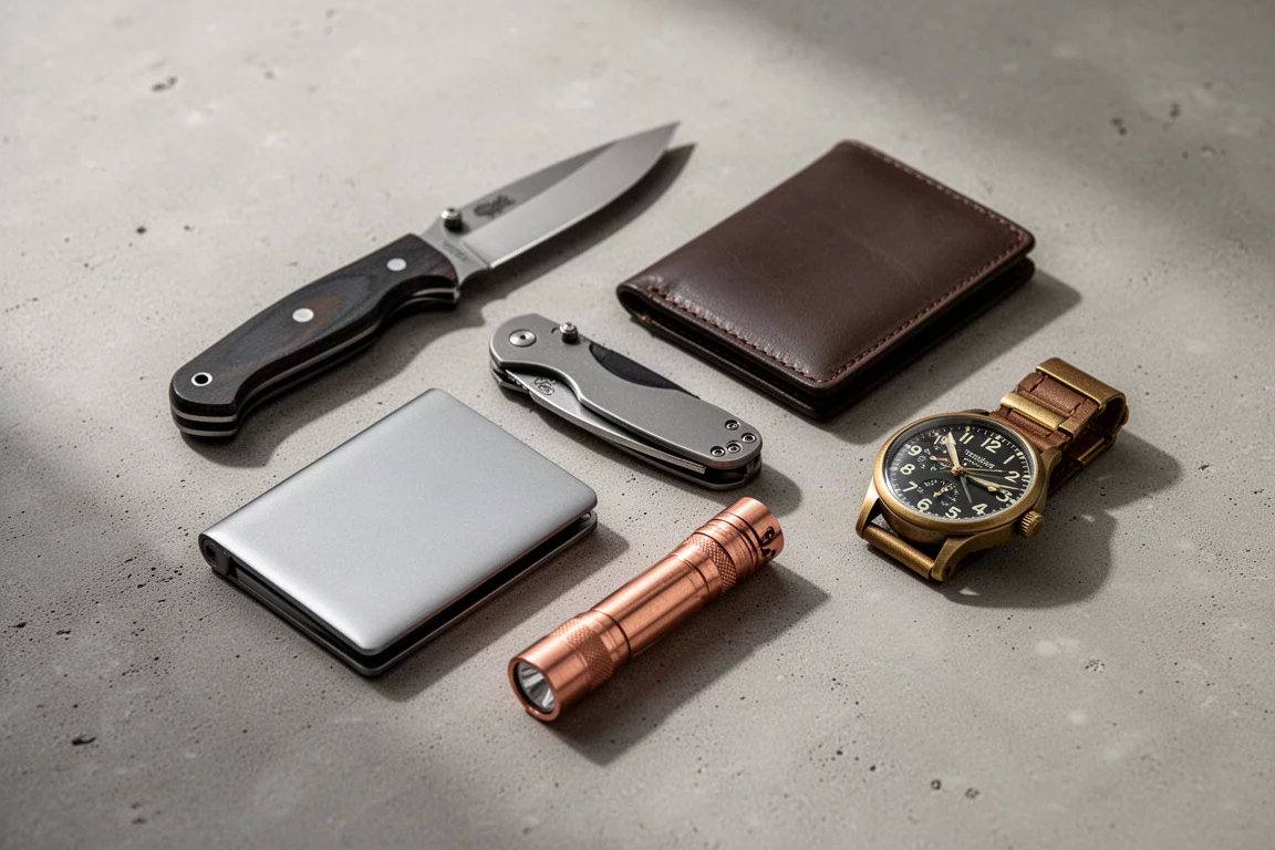 Flat lay of EDC gear including knives, wallet, flashlight, and brass watch