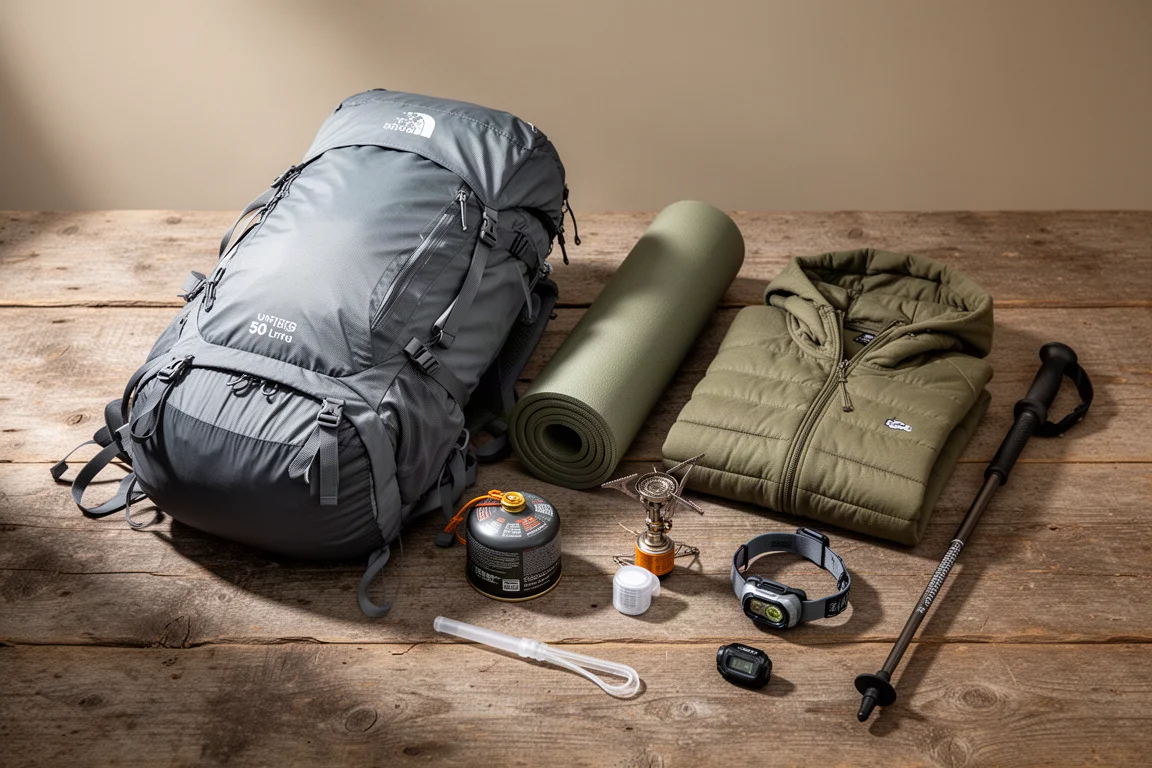 Three-season backpacking gear arranged as a flat-lay on a wooden surface