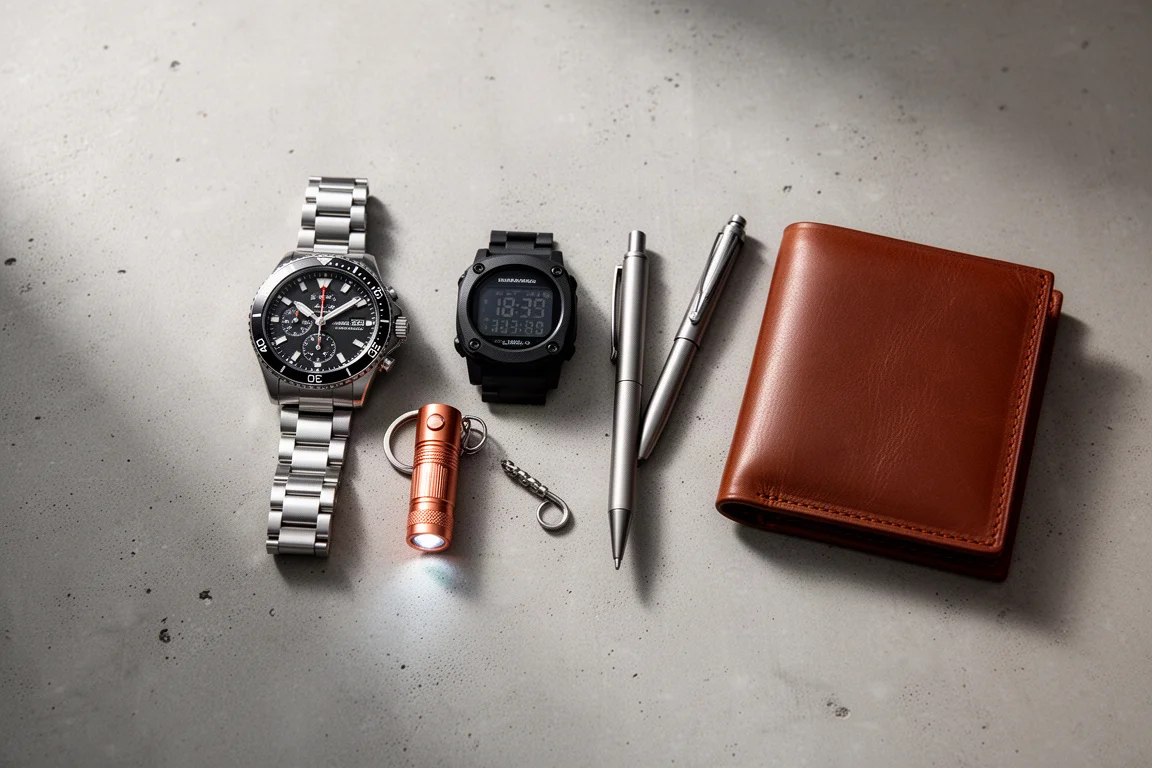 Flat-lay of everyday carry items including watches, flashlight, pen and wallet on concrete