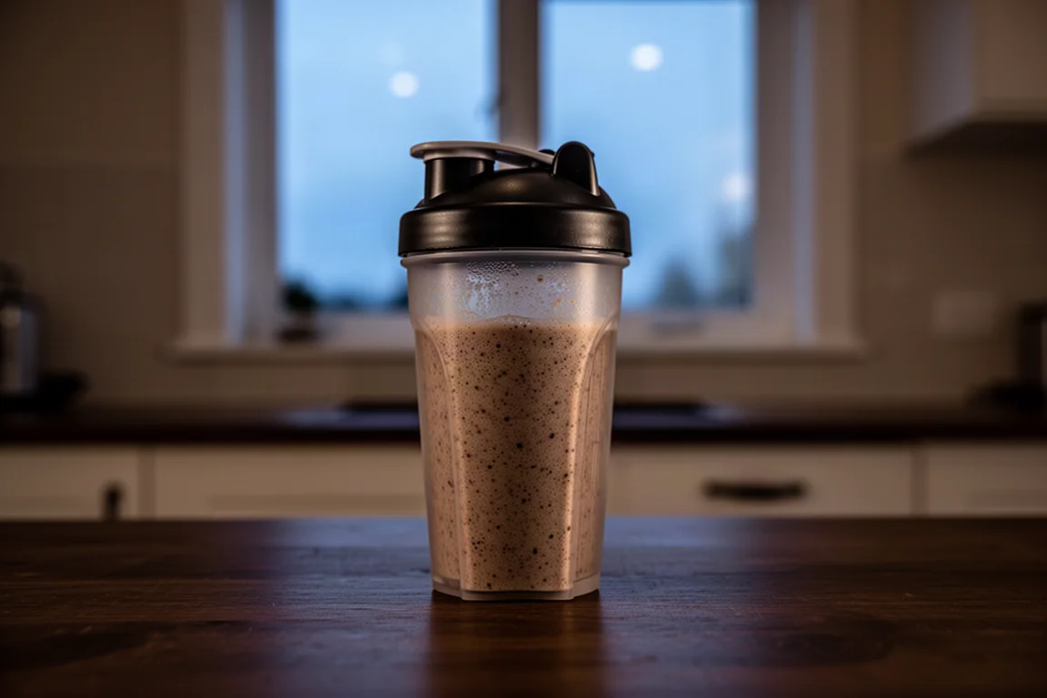 Shaker bottle with textured meal replacement shake on a dark kitchen counter before dawn