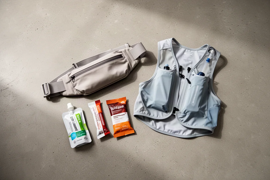 Runner's waist belt laid out with compact nutrition pouches and chews on a concrete floor
