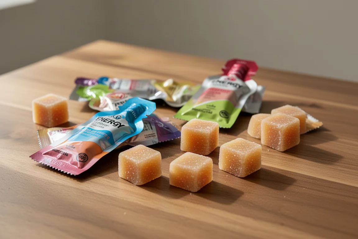 Close-up of energy gel sachets and fruit-based chew cubes arranged on a wooden table