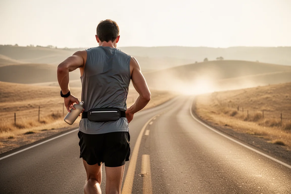 Runner sipping from a soft flask on a long sunlit road during an ultra marathon