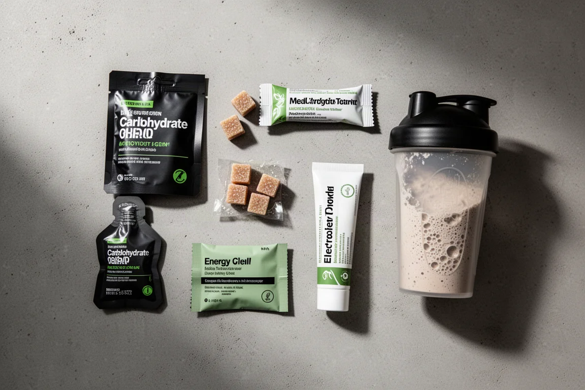 Flat-lay of endurance sports nutrition products on a concrete surface