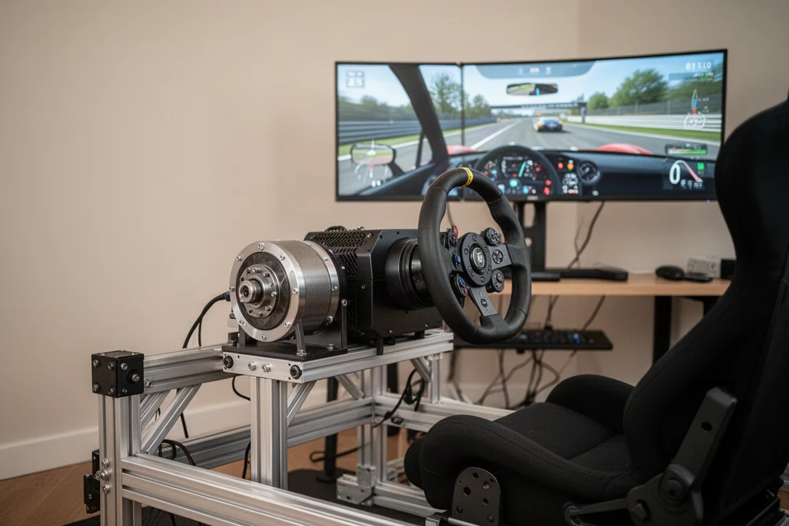 Cockpit di simulazione di guida con base direct drive e volante in una configurazione domestica