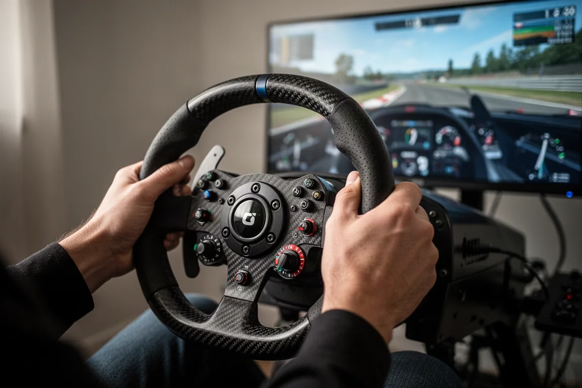 Mani di un sim racer su un volante durante una gara