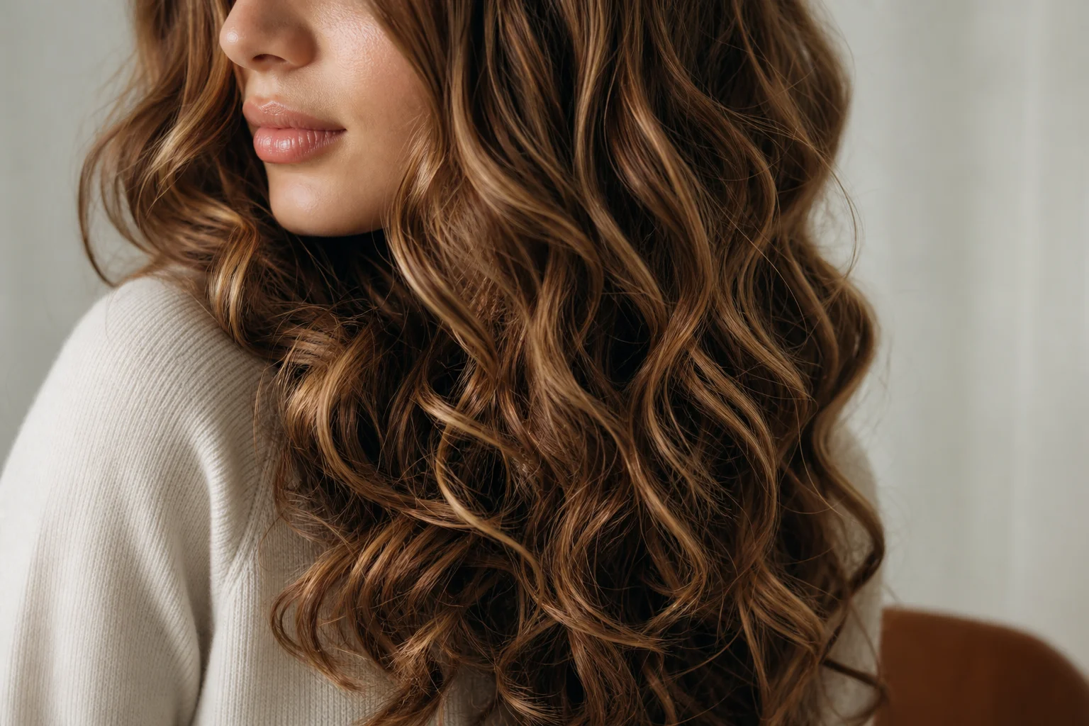 Ricci finiti mostrati sulla testa di una donna che evidenziano definizione e texture dell'onda