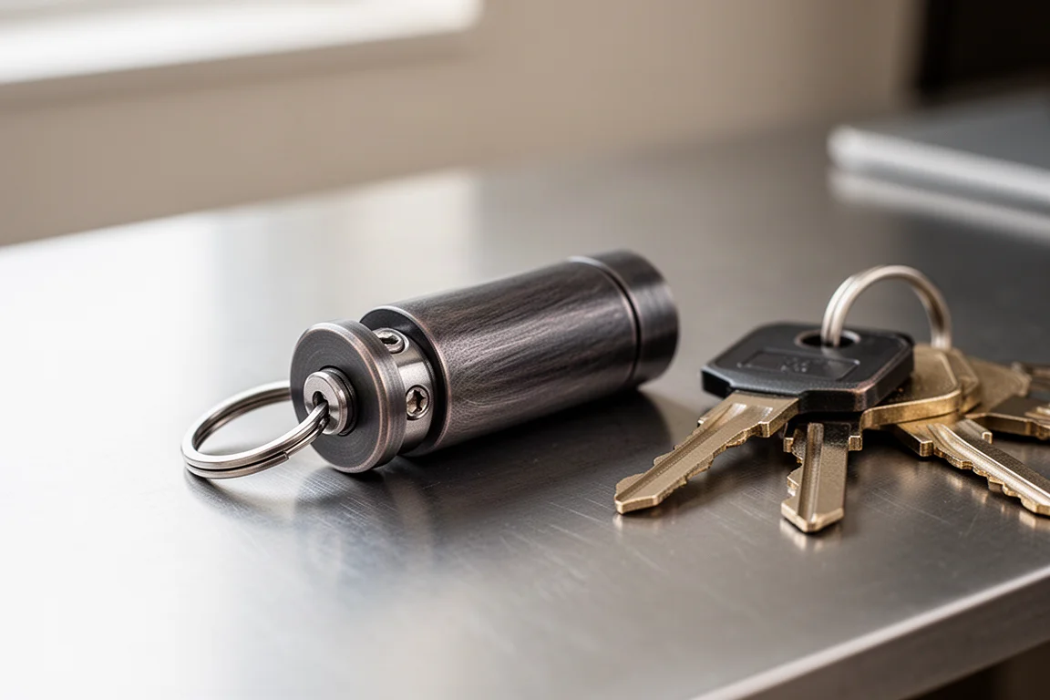 Kleiner Titanium-Fidget-Bolt zwischen zwei Fingern gehalten, der seinen Bolten-Mechanismus zeigt