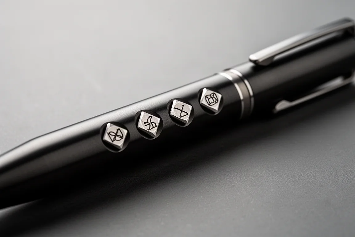 Nahaufnahme der rotierenden gemusterten Einsätze in der Mitte eines schwarzen Titanium-Pens