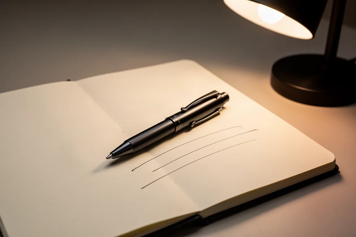 Titanium-Pen auf einem geöffneten Notizbuch mit sauber geschriebenen Zeilen