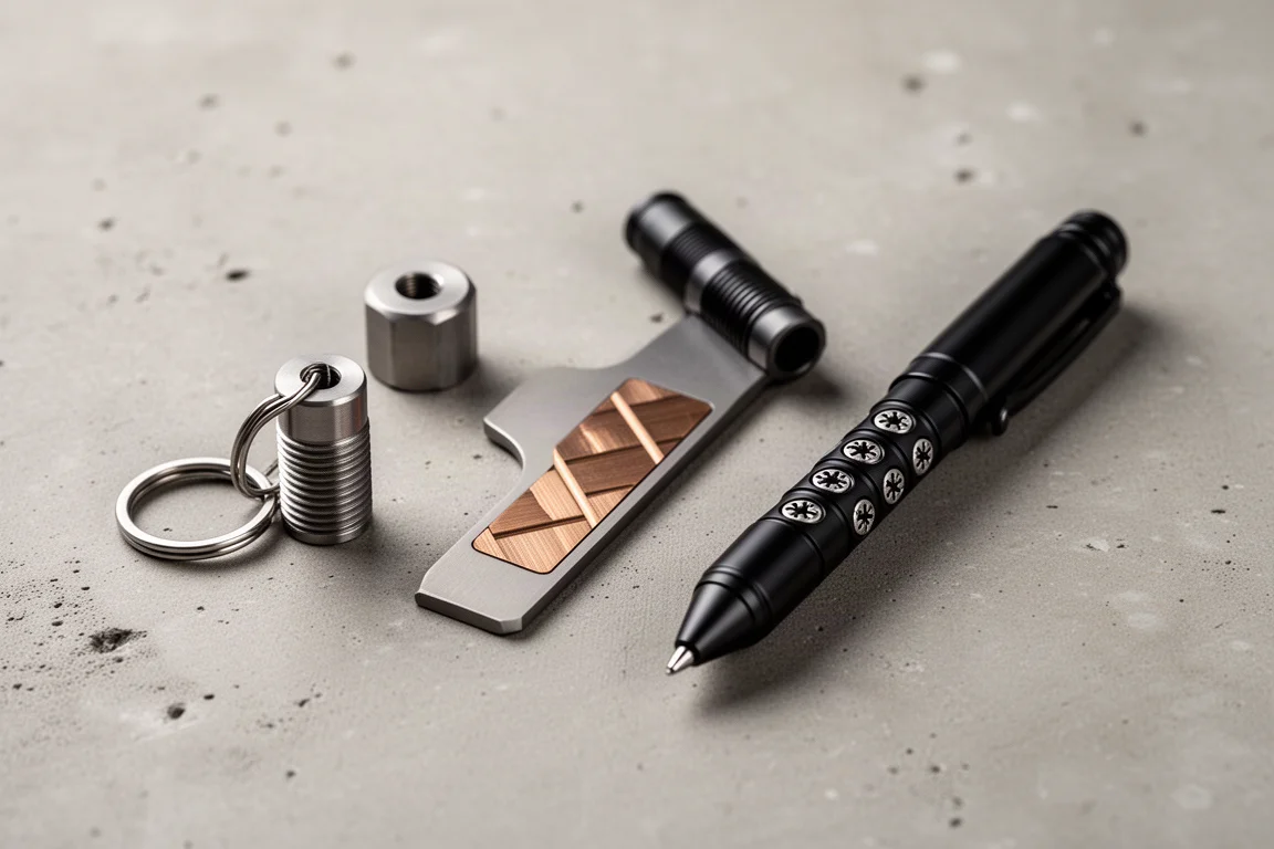 Drei Titanium-EDC-Objekte auf Beton: Fidget-Bolt, Prybar und Bolt-Action-Pen