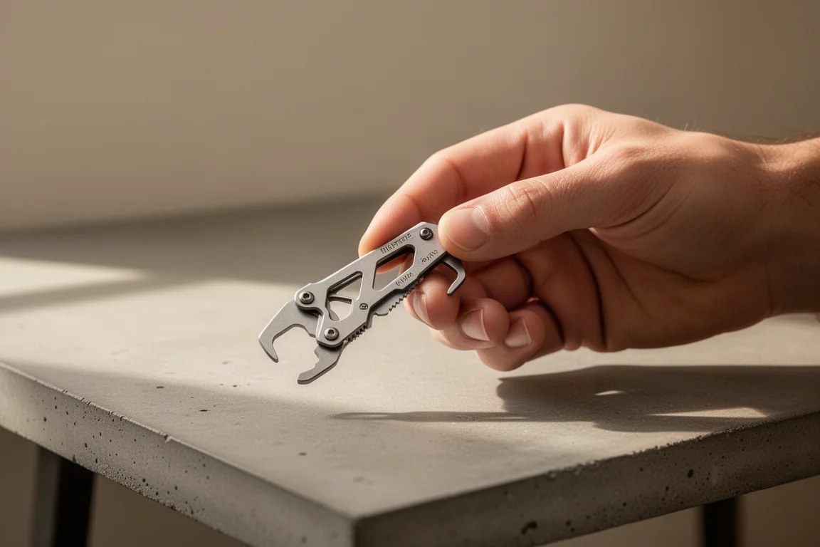 Hands handling a compact titanium EDC tool with cutouts and hooks