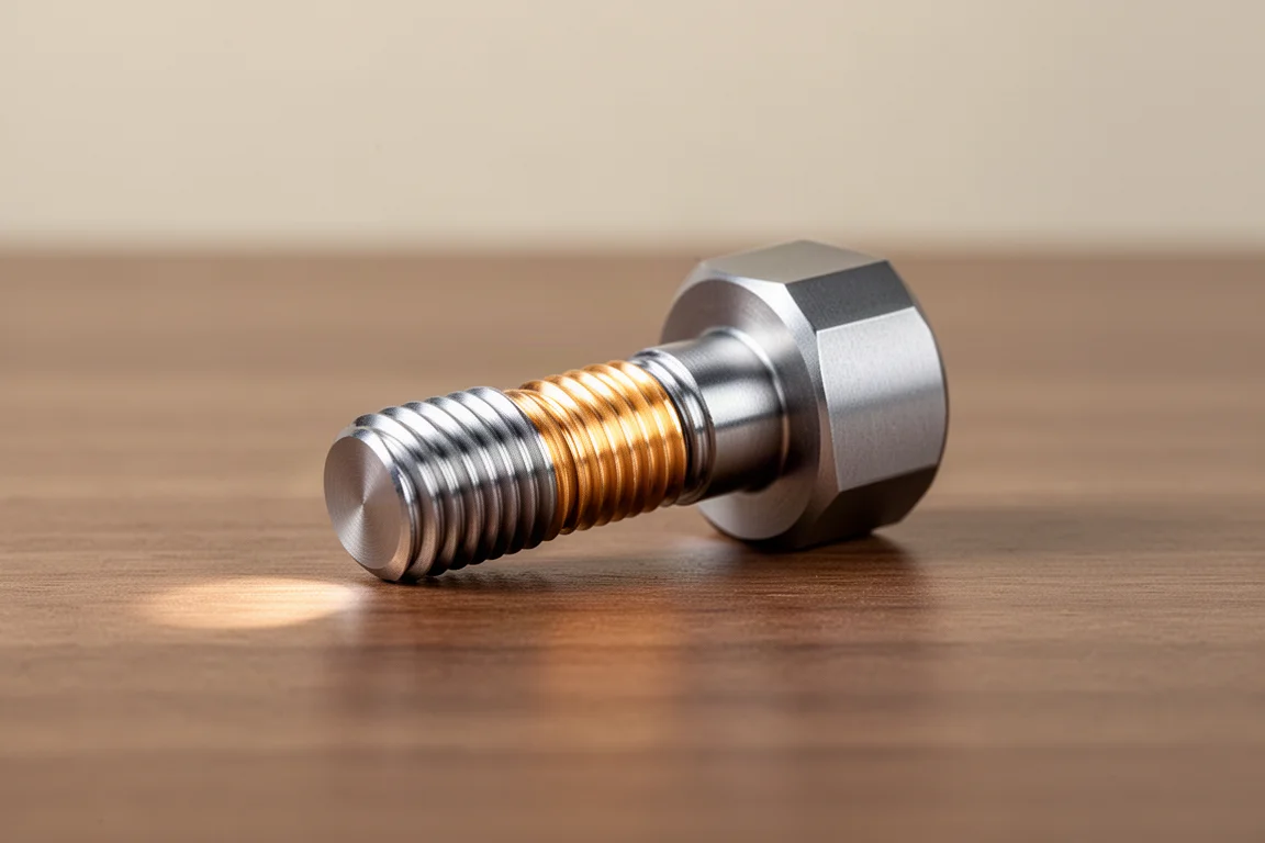 Bolt-shaped fidget tool with its threaded shaft partially unscrewed on a desk
