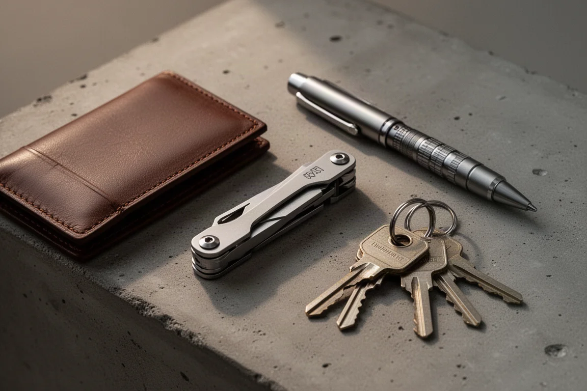 Desk scene with a slim folding tool beside everyday carry items