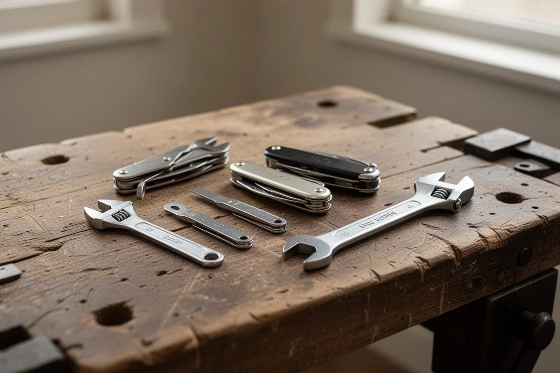 Collection of pocket tools and wrenches arranged on a workbench