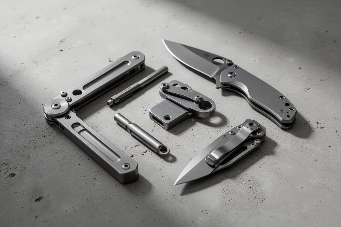 Fräsade EDC-verktyg i titanium uppradade på en betongyta