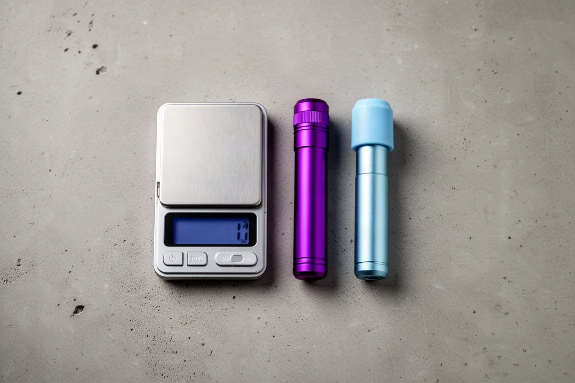 Titanium-EDC-verktyg som ligger på en pocketvåg med viktläsningar