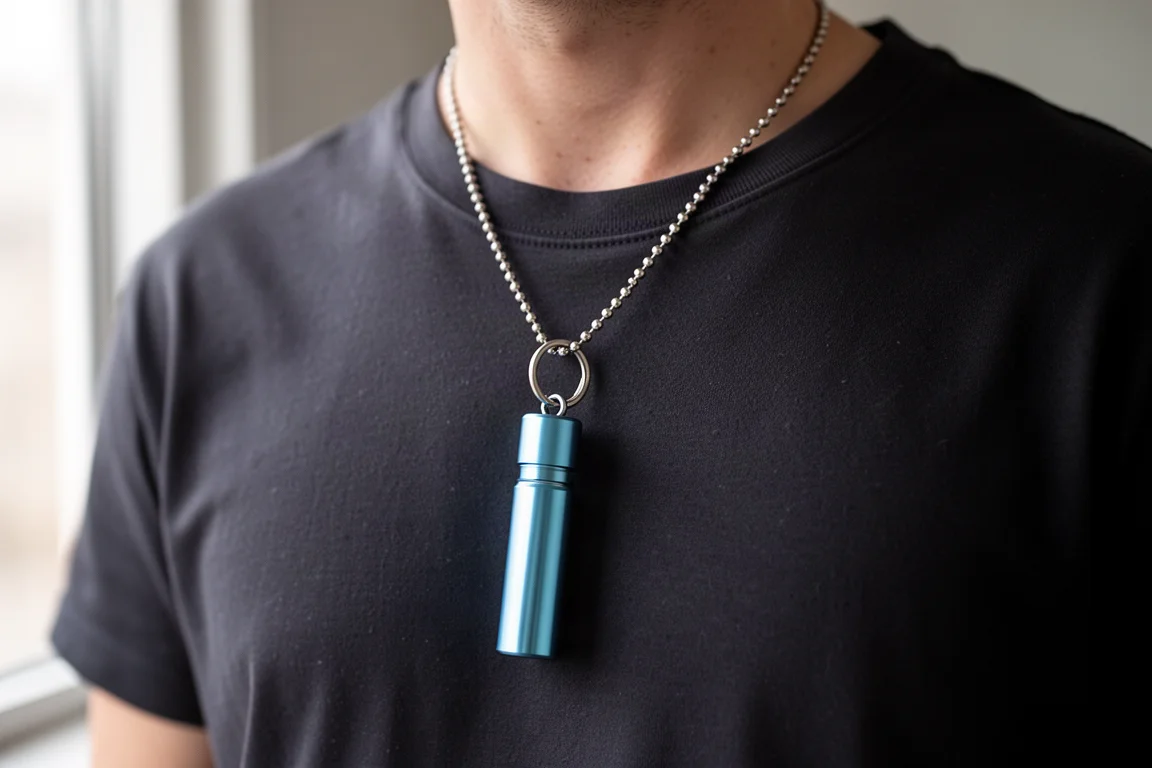 Titanium-EDC-verktyg med lock som hänger från en liten kedja runt en hals