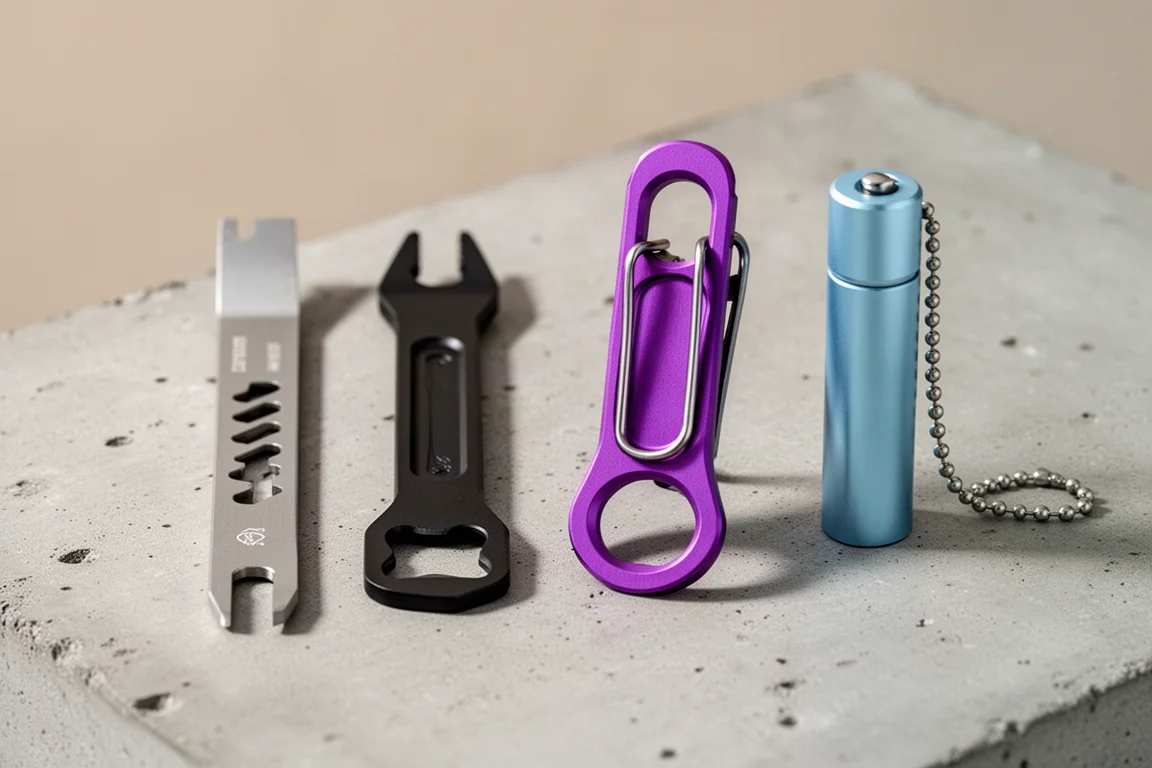 Drei Titan-EDC-Werkzeuge in Schwarz, Lila und Hellblau, auf einer Betonfläche angeordnet