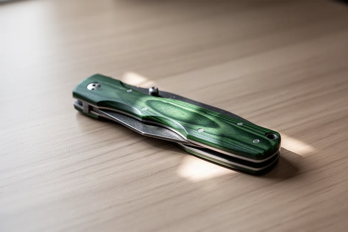 綠色 Micarta 刀柄的折刀擺放在拉絲木質書桌上