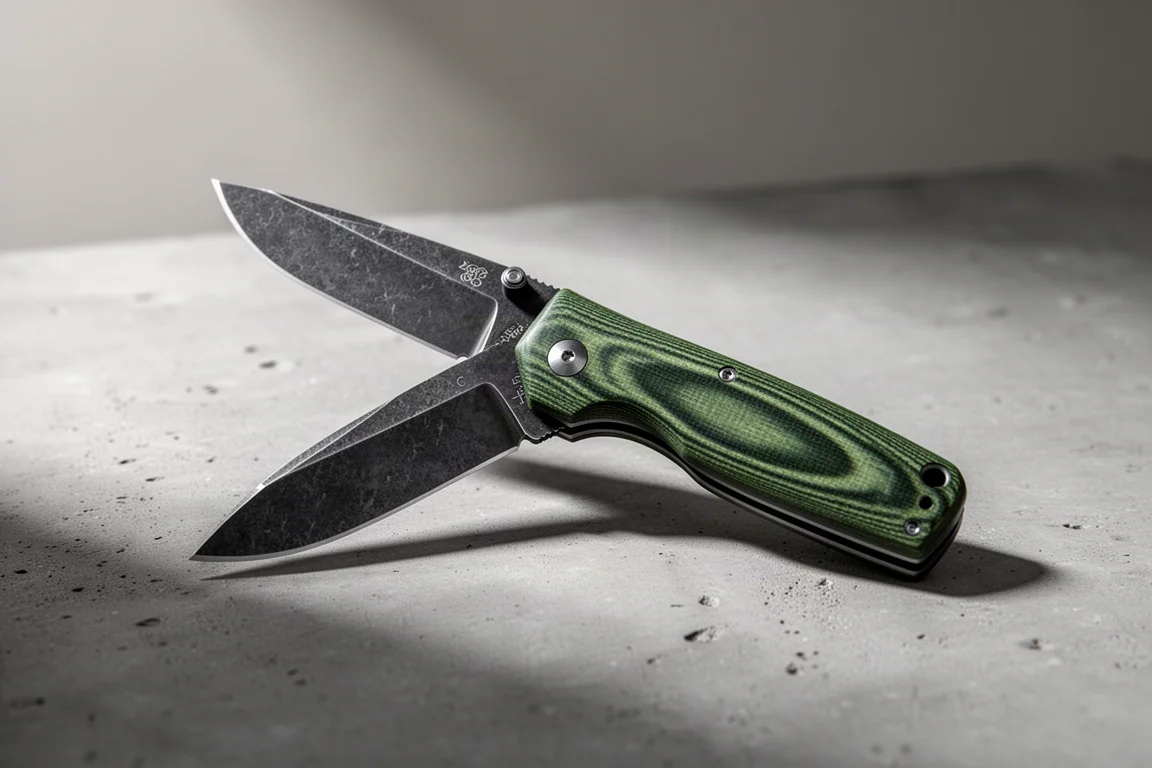 Folding knife with green Micarta handle and stonewashed blade on concrete