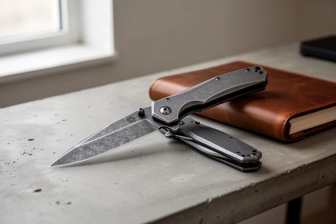 A folding titanium pocket knife resting open on a concrete desk