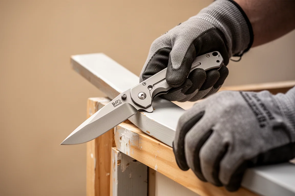 A small cleaver-style folding knife on a wooden workbench