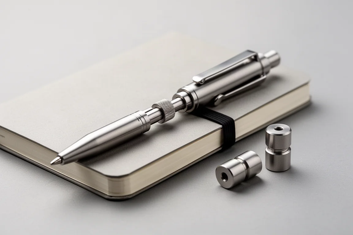 A titanium bolt action pen clipped into a notebook, with fidget pieces nearby