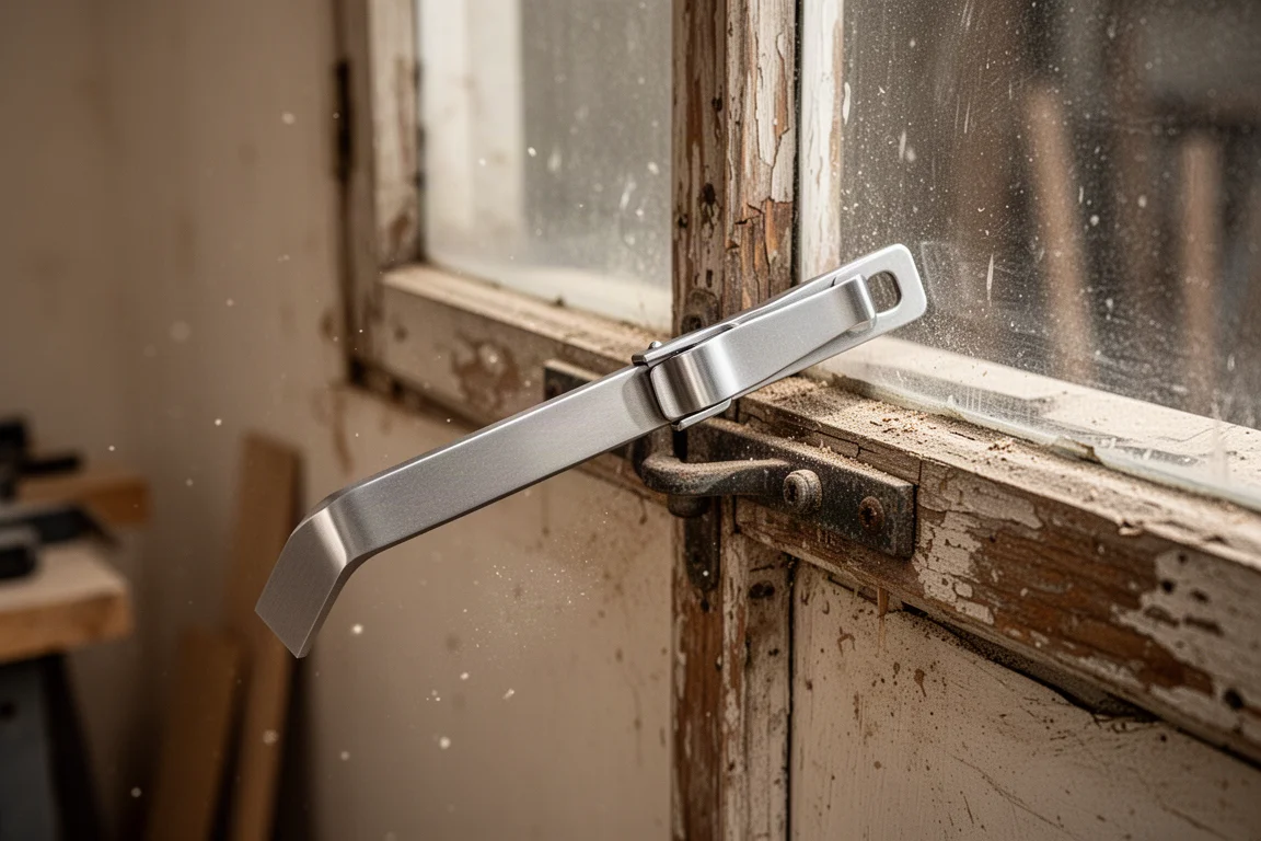 A thick titanium pry bar wedged under a window sash in warm workshop light