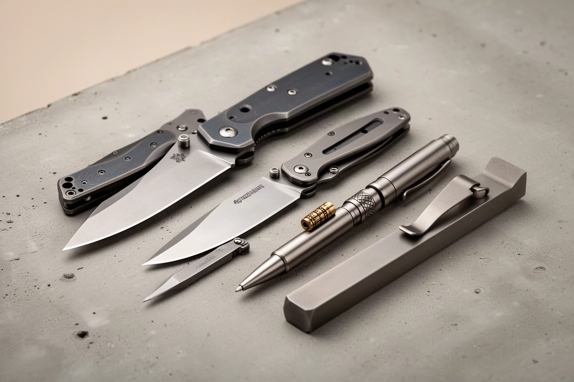 Sammlung von sechs Titanium-EDC-Tools, arrangiert auf einer Betonoberfläche