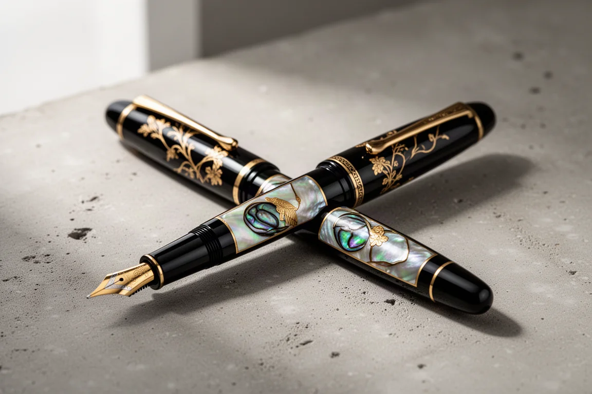 Black lacquered fountain pen with shell inlay resting on concrete