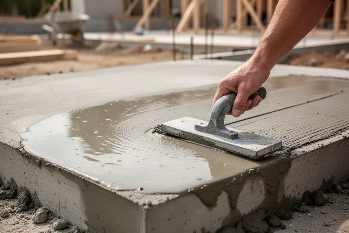 Frisch gegossene Betonplatte wird bei weichem Tageslicht mit einem Magnesiumglätter bearbeitet