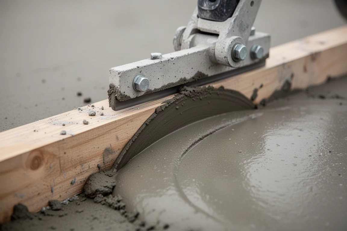 Ein Betonkantenglätter zieht eine gerundete Kante entlang einer Schaltafel auf frischem Beton