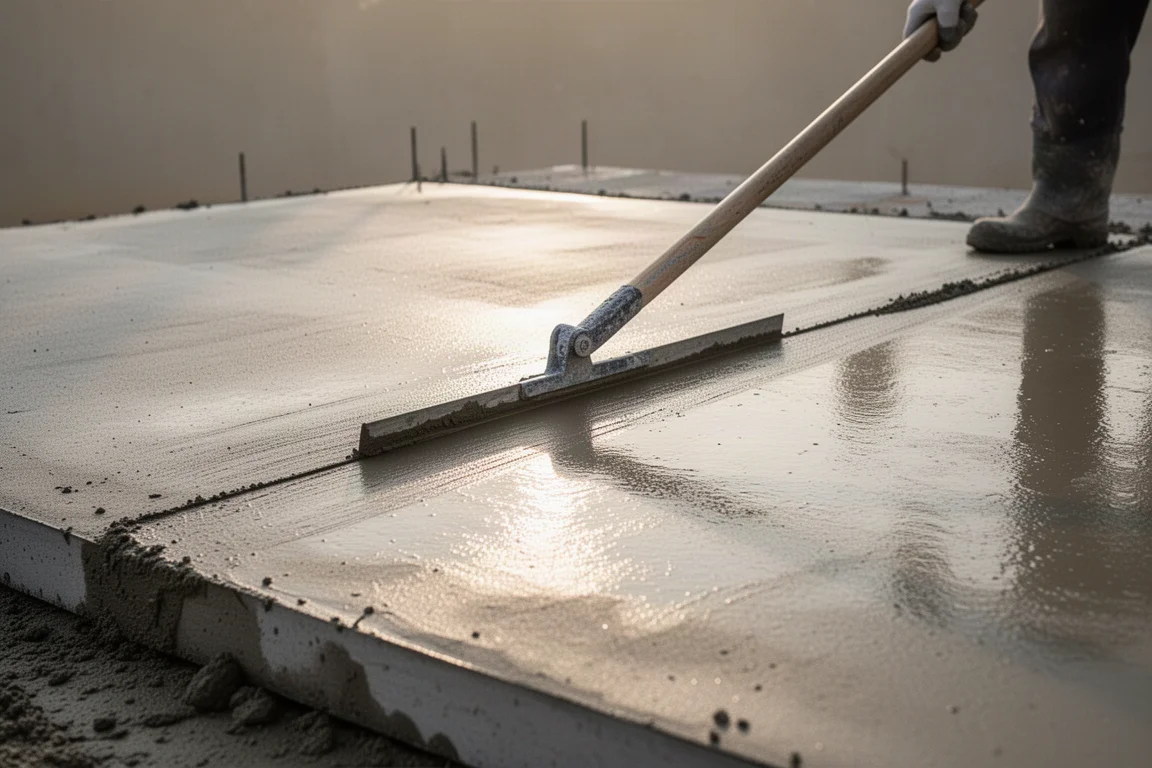 Arbeiter verwendet eine Laydown-Kelle auf einer großen Betonplatte im späten Nachmittagslicht